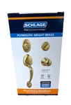 Schlage Plymouth Front Entry Handleset W/ Knob In Bright Brass. Fixed Price $79.95.