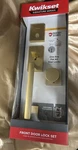 Kwikset San Clemente Front Entry Handleset Satin Brass W/ Smart Key Pismo Knob. Fixed Price $83.00.
