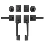 Double Door Handle Set, Matte Black Square Lever, Front. Fixed Price $106.70.