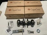 Copper Creek Set Of 4 Pack Exterior Door Knobs, Same Keyed Entry, Antique Nickel. Fixed Price $55.00.