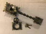 Vtg Dexter Large Brass Entry Door Thumb Handle & Keyed Deadbolt Lock Gothic 13". Fixed Price $75.00.