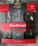 Kwikset Pismo Round Rose Satin Nickel Knob Door Combo Pack Featuring Smartkey. Fixed Price $38.99.
