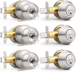 3 Pack Exterior Door Knob And Single Cylinder Deadbolt Lock Combo Set, Brushed. Fixed Price $81.05.