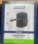 New Schlage Merano Greenwich Trim Matte Black Hall Closet Passage Door Handle. Fixed Price $30.95.