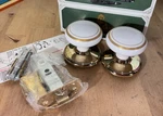 Vintage Set Of Gainsborough White Gold Band Porcelain Door Knobs Hardware. Fixed Price $55.00.