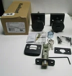 1 New Kwikset Matte Black, Pismo Keyed Entry Square Modern Doorknob 97402-858. Fixed Price $35.99.