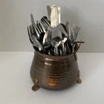 Hammered Copper Pot With 40 Piece Hampton Handle Silverware Set. Fixed Price $51.00.