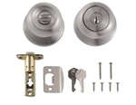 Amazon Basics Exterior Door Knob With Lock Coastal Satin Nickel. Fixed Price $14.99.