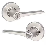 Kwikset Hollis Round Rose Satin Nickel Keyed Entry Door Handle, Smartkey. Fixed Price $30.00.
