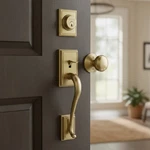 Antique Brass Addison Handleset With Plymouth Knob - Secure Stylish Entry. Fixed Price $430.89.