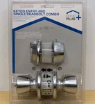 Home Plus Single Cylinder Deadbolt And Keyed Entry Door Knob Satin Chrome Finish. Fixed Price $14.99.