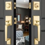 Satin Brass Double Door Handle Set With Deadbolt & Knob Combo. Fixed Price $177.00.