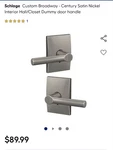 New Schlage - Century Satin Nickel Interior Hall/ Closet Dummy Door Handle. Fixed Price $49.00.
