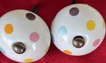 Set 2 Vintage Polka Dot Ceramic Cabinet Knobs White Multicolor Round Retro Pulls. Fixed Price $15.00.