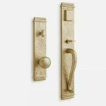 Signature Hardware Traeger Entrance Door Set W/know, Hammered Brass. Fixed Price $227.95.