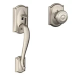 Schlage Camelot Satin Nickel Door Handleset Grip With Georgian KNOB-FE285. Fixed Price $53.99.