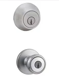 Kwikset Tylo Satin Chrome Exterior Entry Door Knob And Single Cylinder Deadbolt. Fixed Price $21.99.